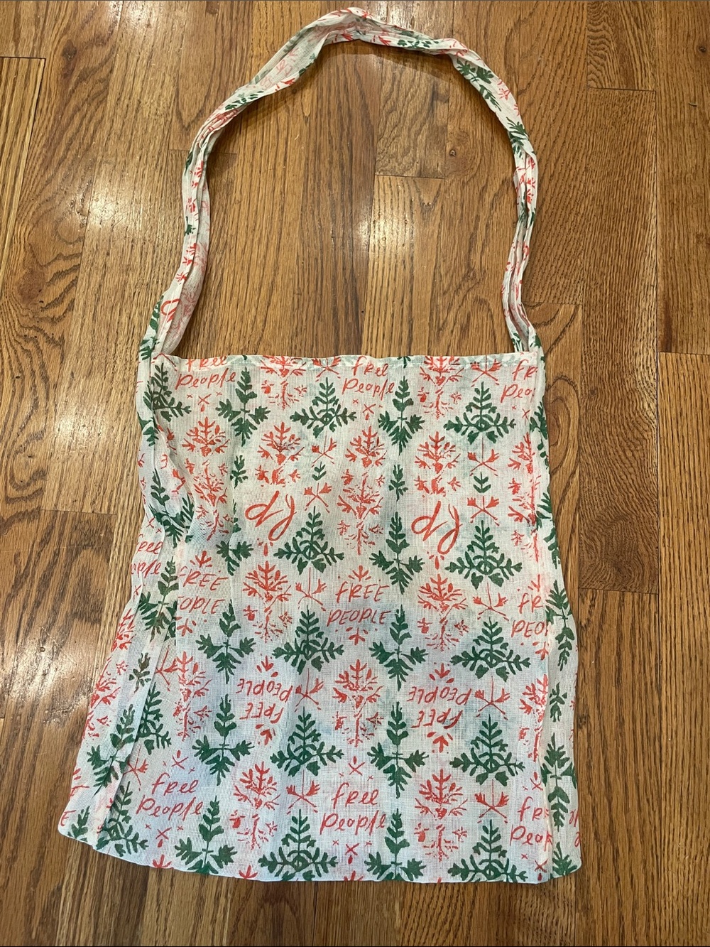 Free People Cream Canvas Shopping Tote with Green & Coral Christmas Pattern
